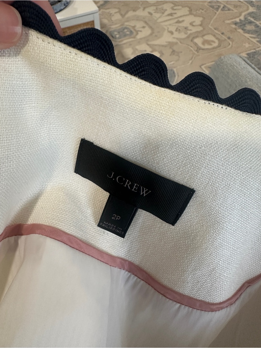 Women's White Cropped Jacket with Navy Trim - Classic Button Front - Picture 4 of 6